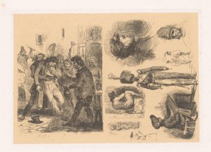 男性のグループ、その隣に兵士を含む構図 クロッキー; 革命の舞台 作： Denis Auguste Marie Raffet