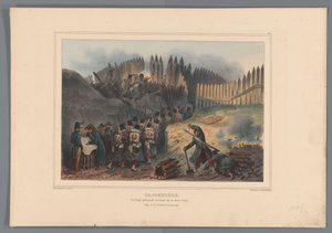 グループ兵士のトレッキング ドアと柵の開口部、1832 年 カポニエ、半月の前の柵で囲まれた作品（オブジェクトのタイトル） Raffet によるアントワープの城塞の包囲で自然から作られた図面 (オブジェクトのシリーズ タイトル)