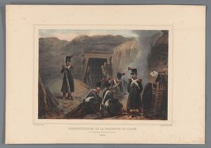 軍隊の bij een mijngang、1832 年 溝下りの連絡（オブジェクトのタイトル） Raffet によるアントワープの城塞の包囲で自然から作られた図面 (オブジェクトのシリーズ タイトル) 作： Denis Auguste Marie Raffet