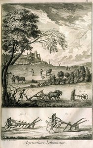 フィールドワーク-農業、播種、耕作。さまざまなモデルのロールとプラウ：ディドロ百科全書、オリジナル版1762からのイラストのボリュームのプレート 作： Denis Diderot
