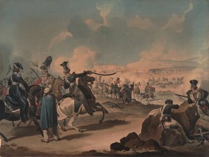 1813年頃のボロジノでフランスの歩兵を攻撃するロシアの騎兵 作： Denis Dighton