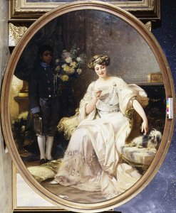 アンナ・ド・ノアイユと言われる女性の肖像画、座っている全身、内部に黒人のページ 作： Denis Etcheverry