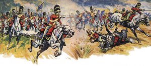 "鳰の軍団よ、彼らの中へ！"ワーテルローの戦いでの北軍（騎兵）旅団の突撃（カラーリトグラフ）