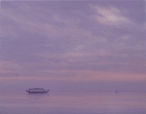 ベンバナード湖、ケララ州の漁船 作： Derek Hare