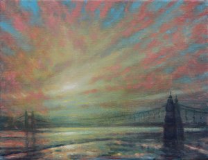 ハマースミス橋の夕日、2022年（キャンバスに油彩） 作： Derek Hare