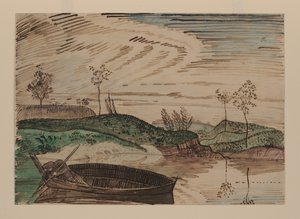 ポーランド、ブスラ川にて、1915年頃（紙に水彩、鉛筆、チョーク） 作： Derwent Lees