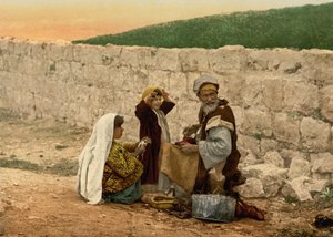 聖地エルサレムの巡回靴職人、1890～1900年頃（フォトクロムプリント） 作： Detroit Photographic Co.