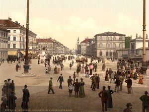 ストリートシーン、オーデンスプラッツとルートヴィヒ通り、ミュンヘン、バイエルン州、ドイツ、1900年頃