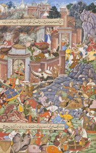 1590年頃のグジャラートでのフマユーン1535キャンペーン中のスルタンバハドゥルの飛行（不透明な水彩、金、紙のインク） 作： Dharmdas Dharmdas