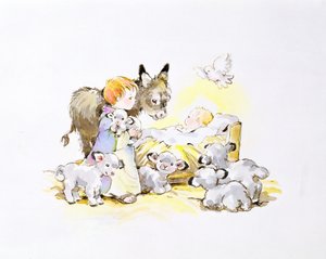 飼い葉桶の周りのロバと子羊 作： Diane Matthes