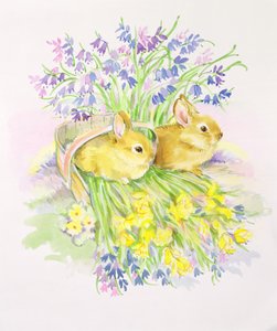 水仙とブルーベルのバスケットのウサギ 作： Diane Matthes
