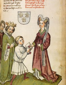 百年戦争 (1337-1453): 神聖帝国 (Holy Empire) のジギスムント 1 世 (1368-1437) とジャンヌ ダルク (1412-1431) の出会い - ジャンヌ ダルクの前の皇帝ジギスムント - ダイボールド ワークショップ ミニチュア ラウバー (1427 年以前 - 1471年以降)「Le livre de」より引用