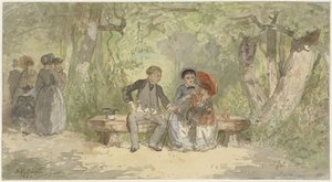 公園のベンチにいる男性、女性、子供 作： Diederik Franciscus Jamin