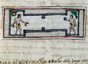 ペロタゲームをするアステカ人、Diego Duran（1537-1588）の「Historia de las Indias」のミニチュア、1579年の写本 作： Diego Duran