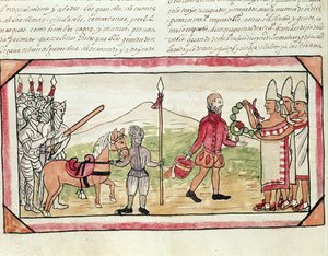 Fol.208vエルナンドコルテス（1485-1547）とモンテスマ（1466-1520）のミーティング、ディエゴデュランの「インディアンの歴史」からのミニチュア、1579 作： Diego Duran
