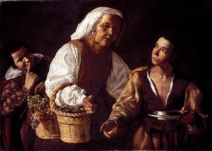 二人の少年と年老いた果物の女あるいは年老いた果物売り（Dos muchachos y vieja con fruta o La vieja frutera）。シルヴァ・ベラスケス（ベラスケス）によるディエゴ・ロドリゲスの絵画 作： Diego Rodriguez de Silva y (attr. to) Velazquez