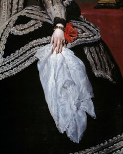 手とスカーフ 「フィリップ4世の妻、オーストリア王妃メアリー・アン（マリアンヌ）（1634-1696）の肖像の詳細」 ディエゴ・ベラスケス（1599-1660）の絵画 17世紀 マドリード、プラド美術館 作： Diego Velázquez