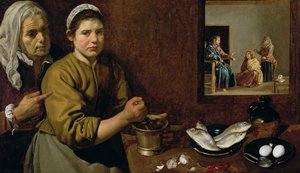 マーサとメアリーの家でのキリストとのキッチンシーン、1618年頃（キャンバスに油彩） 作： Diego Velázquez