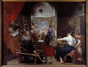 紡ぎ手たち」または「アラクネの寓話」 ディエゴ・ロドリゲス・デ・シルヴァ・イ・ベラスケス（1599-1660）による絵画、1653年頃。日。2.2x2.89 m マドリッド、プラド美術館 - 紡ぎ手たち、あるいはアラクネの寓話。ディエゴ・ロドリゲス・デ・シルヴァ・イ・ベラスケス（ベラスケス）の絵画 作： Diego Velázquez