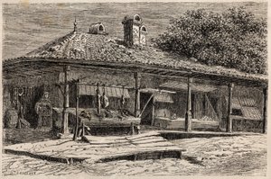 ブカレスト（ルーマニア）の肉屋とパン屋。1860年、デザイナー、ランスロットのパリからブカレストへの航海を描いたエングレーヴ、エドゥアール・シャルトンの指揮で出版された「Le tour du monde, nouveau journal des voyages」に掲載されたもの 作： Dieudonne Auguste Lancelot