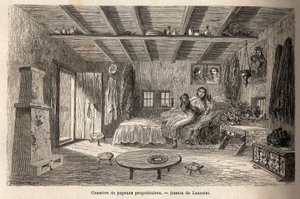 Orezu（ルーマニア、ワラキア地方）周辺の農民の家。1860年にパリからブカレストまでの航海を説明するためにランスロットが描いたもので、「Le tour du monde, nouveau journal des voyages」に掲載されている。 作： Dieudonne Auguste Lancelot
