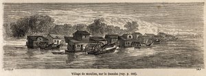 ドナウ川に浮かぶ水車の村。1860年にパリからブカレストに向かったVictor Duruyの旅を説明するために、Lancelotが描いたもの。エドゥアール・シャルトン編『Le tour du monde』に掲載された図版 作： Dieudonne Auguste Lancelot