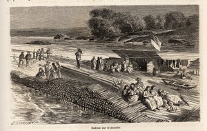ドナウ川に浮かぶ木製のいかだ。1860年にパリからブカレストへ向かうヴィクトル・デュルイの旅を説明するために、ランスロットが描いたもの。エドゥアール・シャルトン編『Le tour du monde』に掲載された図版 作： Dieudonne Auguste Lancelot