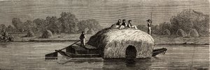 ドナウ河畔での飼料の切断、収穫、運搬。ランスロットが1860年にパリからブカレストまでの旅を説明するために描いたもの。エドゥアール・シャルトン編『Le tour du monde』に掲載された図版 作： Dieudonne Auguste Lancelot