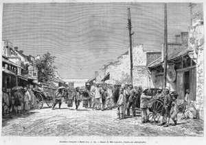 ハノイのフランス人居住区。エドゥアール・シャルトン（1807-1890）が監督した『le tour du monde 1889』に収録されている、オカール医師による1884年のトンキンでの「Tente mois au Tonkin」の物語を説明するために、ランスロットが写真をもとに描いたもの。 作： Dieudonne Auguste Lancelot