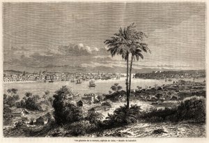 キューバの首都ハバナの全景。1859年にリチャード・ダナ（1815-1882）が行ったキューバ島への航海を説明するためにランスロットが描いたもの。パリの "Le tour du monde, nouveau journal des voyages "に掲載された版画。 作： Dieudonne Auguste Lancelot