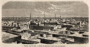 ランスロットが描いたトリポリの全景。1860年にクラフト男爵が行ったトリポリ散策を説明するために描いたもの。1861年の "Le tour du monde "に掲載されたエングレーヴィング。セルバのコレクション。 作： Dieudonne Auguste Lancelot