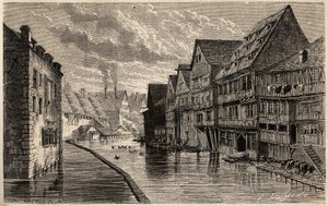 ヴィクトル・デュルイが1860年にパリからブカレストまで旅した際に描いた、ランスロットによるウルムの古い皮なめし工場。エドゥアール・シャルトン編集の「Le tour du monde」に掲載された版画 作： Dieudonne Auguste Lancelot