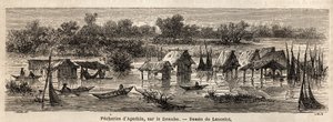 ドナウ川のアパチン（セルビア）の漁業。ランスロットが1860年にパリからブカレストまでの旅を説明するために描いたもの。エドゥアール・シャルトン編『Le tour du monde』に掲載された図版 作： Dieudonne Auguste Lancelot