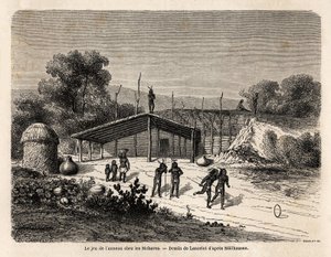 インディアンのモハーヴェス族の間で行われていた指輪の遊び。ボードゥアン・モルハウゼン（1825-1905）が1853-54年に行った太平洋へのミシシッピ号の航海を説明するために、ランスロットが描いたもの。パリの "Le tour du monde, nouveau journal des voyages "に掲載された版画。 作： Dieudonne Auguste Lancelot