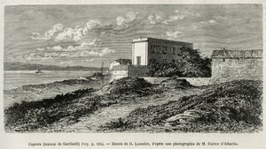 D.Lancelotが描いた絵をもとに、サルデーニャ島のラ・カプレラにあるジュゼッペ・ガリバルディ（1807-1882）の家を彫刻したもので、今日のシリアの物語を説明するために、リヨンの医学部の学部長であり、フランス政府の科学的使命を受けたLortet氏が制作したものです。 作： Dieudonne Auguste Lancelot