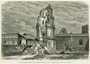1880年7月18日の地震後のマニラ大聖堂の塔。ランスロットによる彫刻で、アルフレッドマルケによるフィリピンでの6年間のルコンとパラオの物語が描かれています。