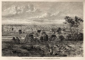 メルボルン（オーストラリア）の眺め。1854年から1859年にかけてオーストラリアに移住したフランス人の思い出を説明するためにランスロットが描いたもので、M.de Castellaによるもの。1861年の "Le tour du monde "に掲載されたエングレーヴィング。セルバのコレクション。