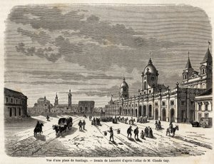 ランスロットが描いたサンティアゴ（チリ）の広場の風景。ジョヴァンニ・マスタイ・フェレッティ（1792-1878、後のピウス9世）が1823年に行った南米旅行を説明するために描かれたもの。パリの「Le tour du monde, nouveau journal des voyages」に掲載された版画。