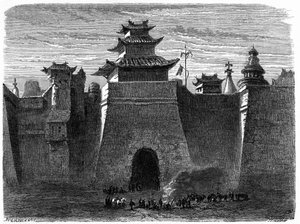 中国、北京の城壁と門。エドゥアール・シャルトン編『Le Tour du Monde, Nouveau journal des Voyages』（パリ）に掲載されたランスロットの版画。 作： Dieudonne Auguste Lancelot