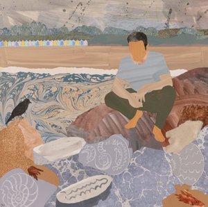 ビーチハットと化石（コラージュ） 作： Dione Verulam