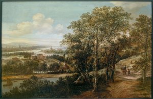 前景にライダーと他の人物がいる広い川の風景 作： Dionys Verburg