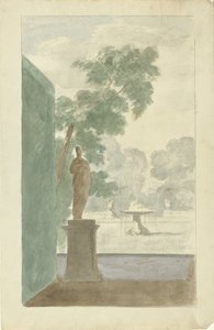 ホールの壁の装飾のデザイン: 彫像、噴水、骨壷のある庭園の眺め 作： Dionys van Nijmegen (possibly)
