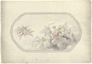 幸福のアレゴリーとして、音楽を奏でる女性と花かごを持ったプッチが描かれた天井画のデザイン