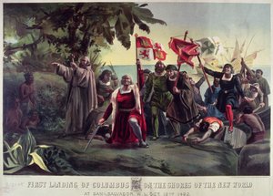 1492年：クリストファー・コロンブス、スペイン国旗を掲げてアメリカ 