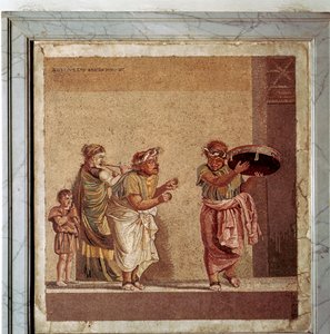 劇中のミュージシャンと覆面をかぶった俳優のローマ時代のモザイク、ポンペイ、イタリア 作： Dioscurides