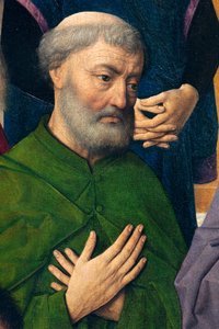 教区教会（聖ペテロ教区教会）。 ペインティング。 最後の晩餐。 ダークボルト。 1464-1468。 詳細。 中央パネル。 作： Dirck Bouts