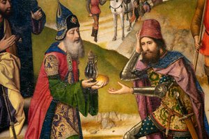 教区教会（聖ペテロ教区教会）。 ペインティング。 最後の晩餐。 ダークボルト。 1464-1468。 詳細。 左パネル。 作： Dirck Bouts