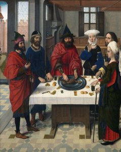福者の祭壇画。ユダヤ教の過越祭を示す左パネルの詳細。Dirck (Dieric, Dirk) Bouts the Elder (1410-1475)による木の上の絵。 作： Dirck Bouts