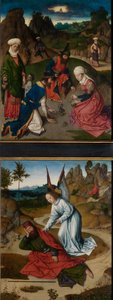 聖なる秘跡の祭壇画からの砂漠でのマナとエリヤの集まり、1464〜68年頃（パネルに油彩） 作： Dirck Bouts