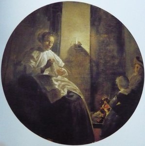キャンドルライトの下で裁縫をする女 作： Dirck Hals